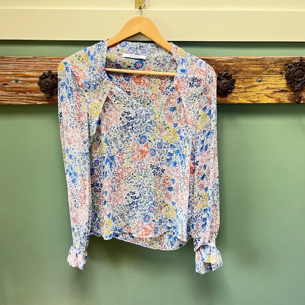THE FOLD London 100% Silk Floral Blouse V-Neck Ruffle Cuff Multicolor US 6 UK 10